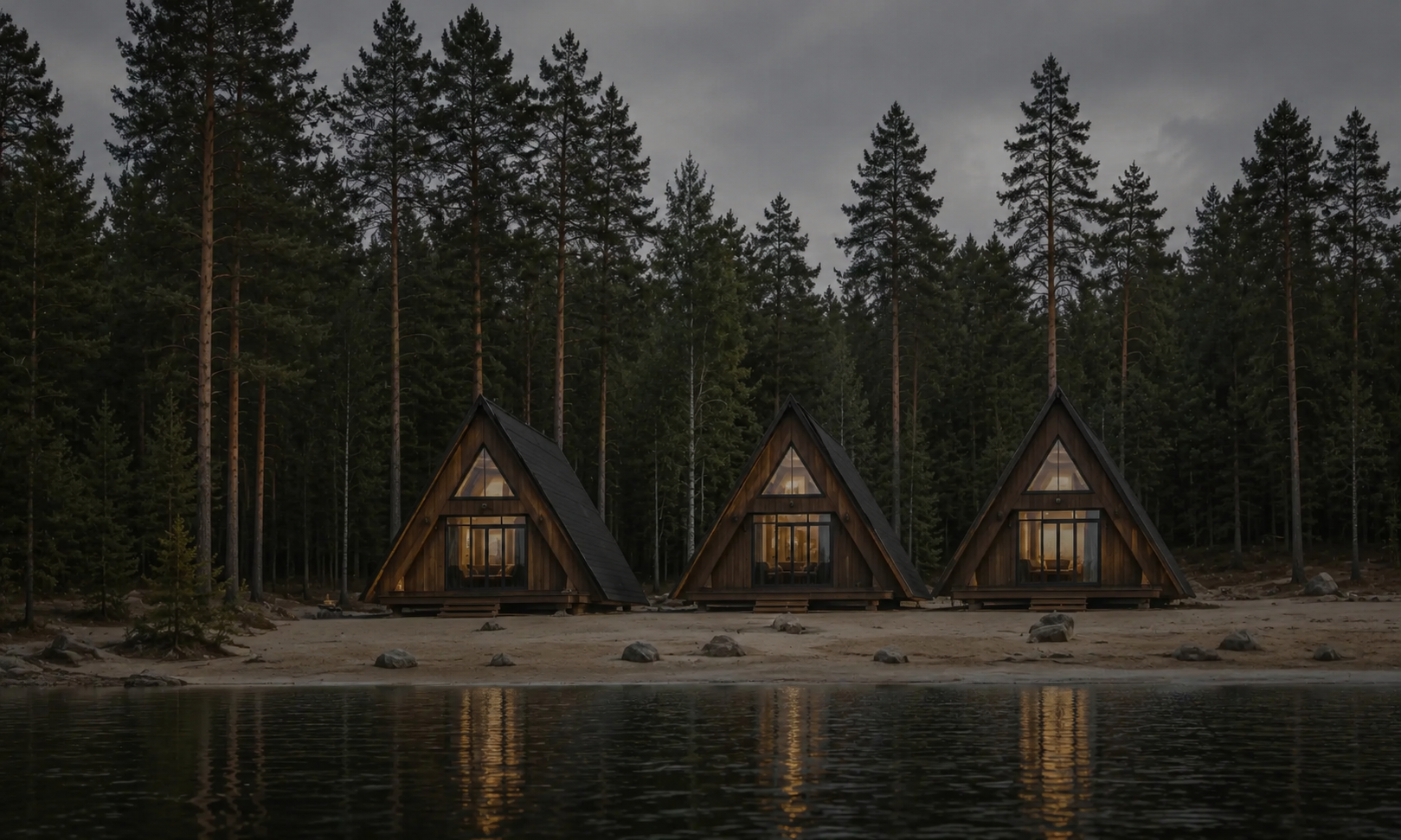A-frame домики глэмпинга «Пульс Жизни» на берегу лесного озера в Карелии